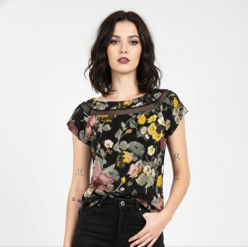 Unbranded Tee Blouse Mesh Floral Whimsigoth Fairy Boho Grunge Sheer L